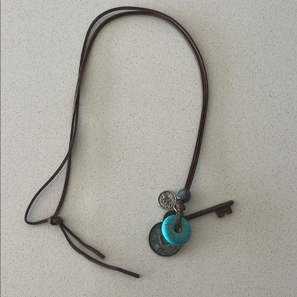 One of a kind! Brown Leather Necklace with Key and Charms